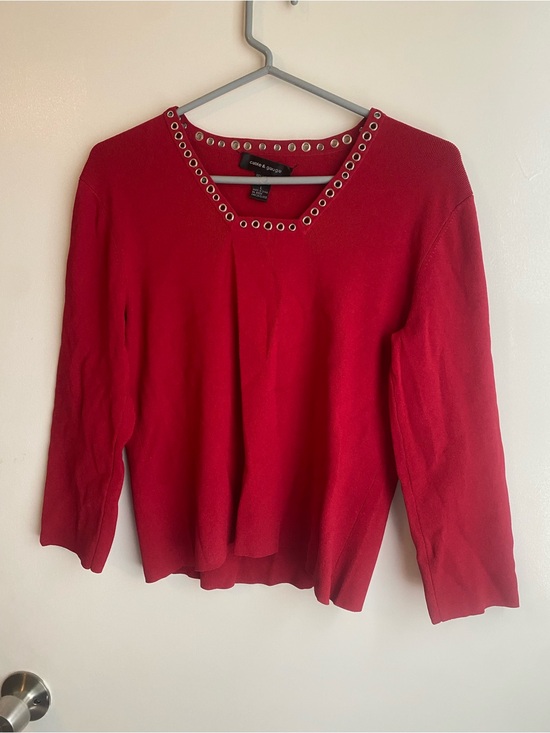 Cable & Gauge Tops - Women’s Vintage Y2K Red Ribbed 3/4 Sleeves Blouse with Silver Eyelets